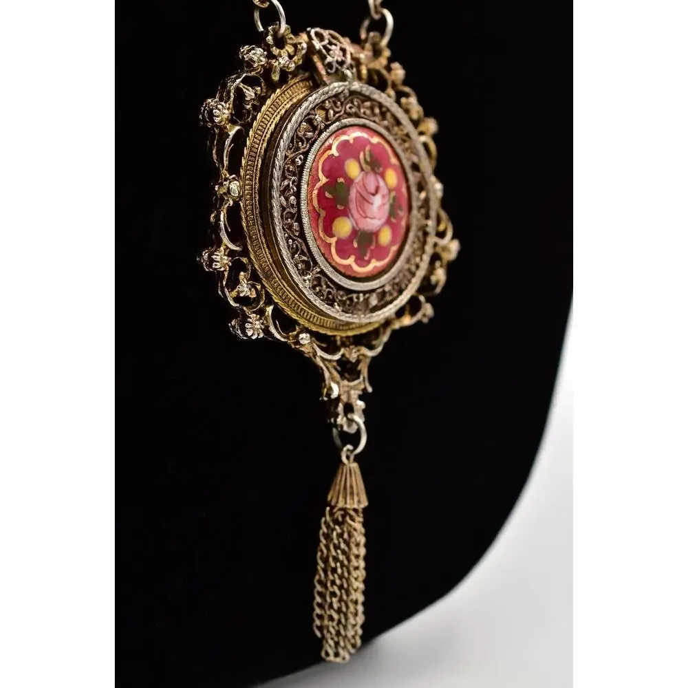 Vintage Locket Pendant Tassel Necklace Rose Painted Floral Heavy Antiqued BinA17